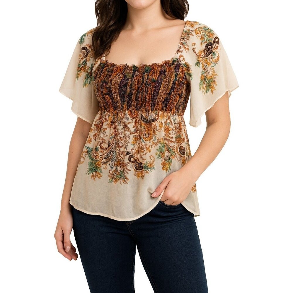 American Rag Boho Paisley Tunic Top Womens Size M Smocked Peasant Festival Flowy
